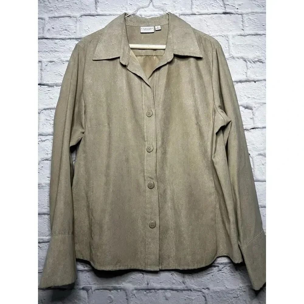 Sonoma Lifestyle faux suede tan button up shirt blouse top casual  XL.